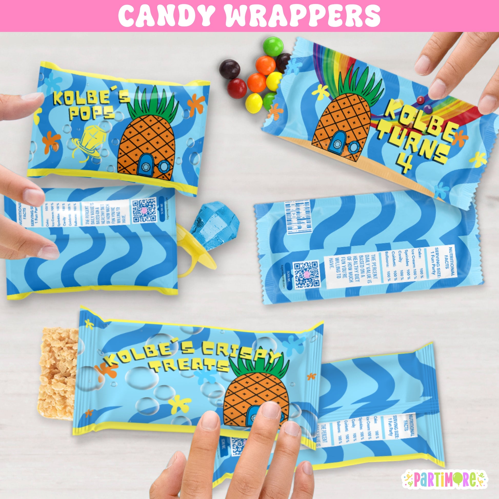 Under the sea pineapple candy bar wrappers, tropical birthday party favors personalized with name and age
