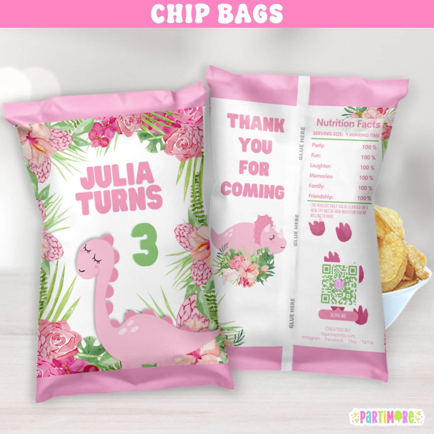 Floral pink dinosaur chip bag party favors for girl's birthday, cute prehistoric snack wrappers, custom name and age included