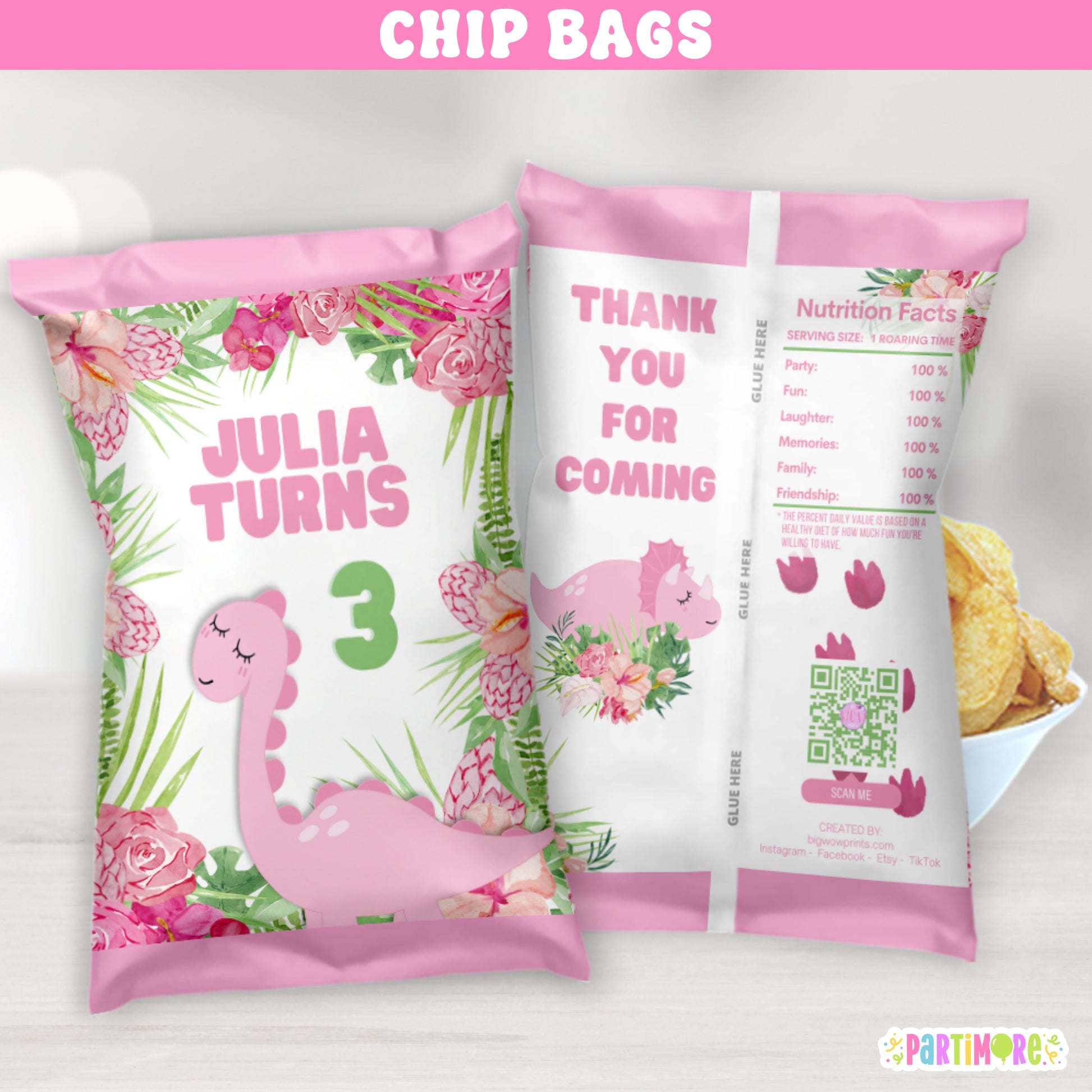Floral pink dinosaur chip bag party favors for girl's birthday, cute prehistoric snack wrappers, custom name and age included