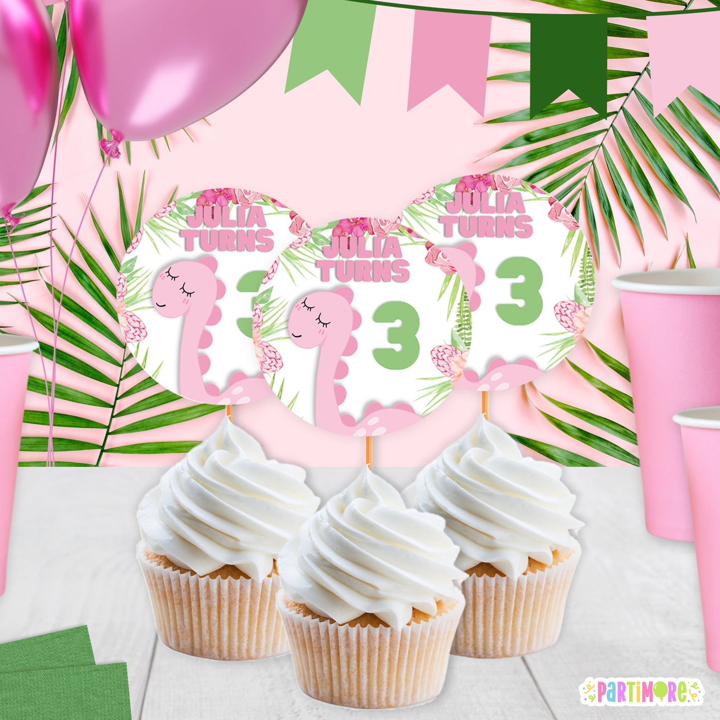 Dinosaur Cupcake Toppers | Personalized Pink Dino Party Decorations
