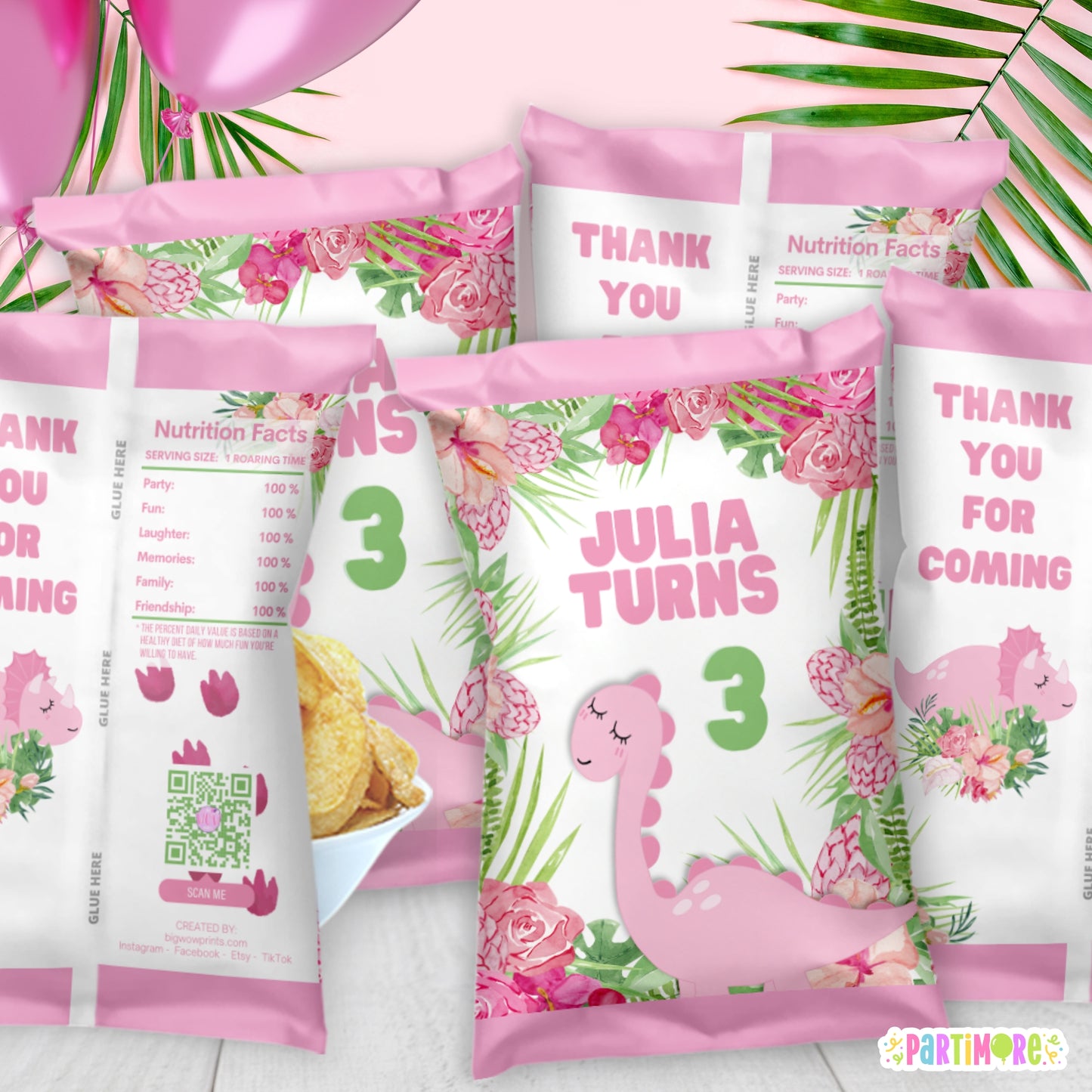 Pink Dinosaur Chip Bags | Custom Dino-Themed Party Treat Bags