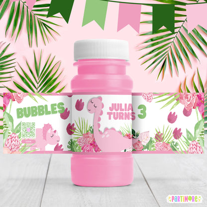 Pink Dinosaur Bubble Bottle Labels | Personalized Jurassic Party Favors
