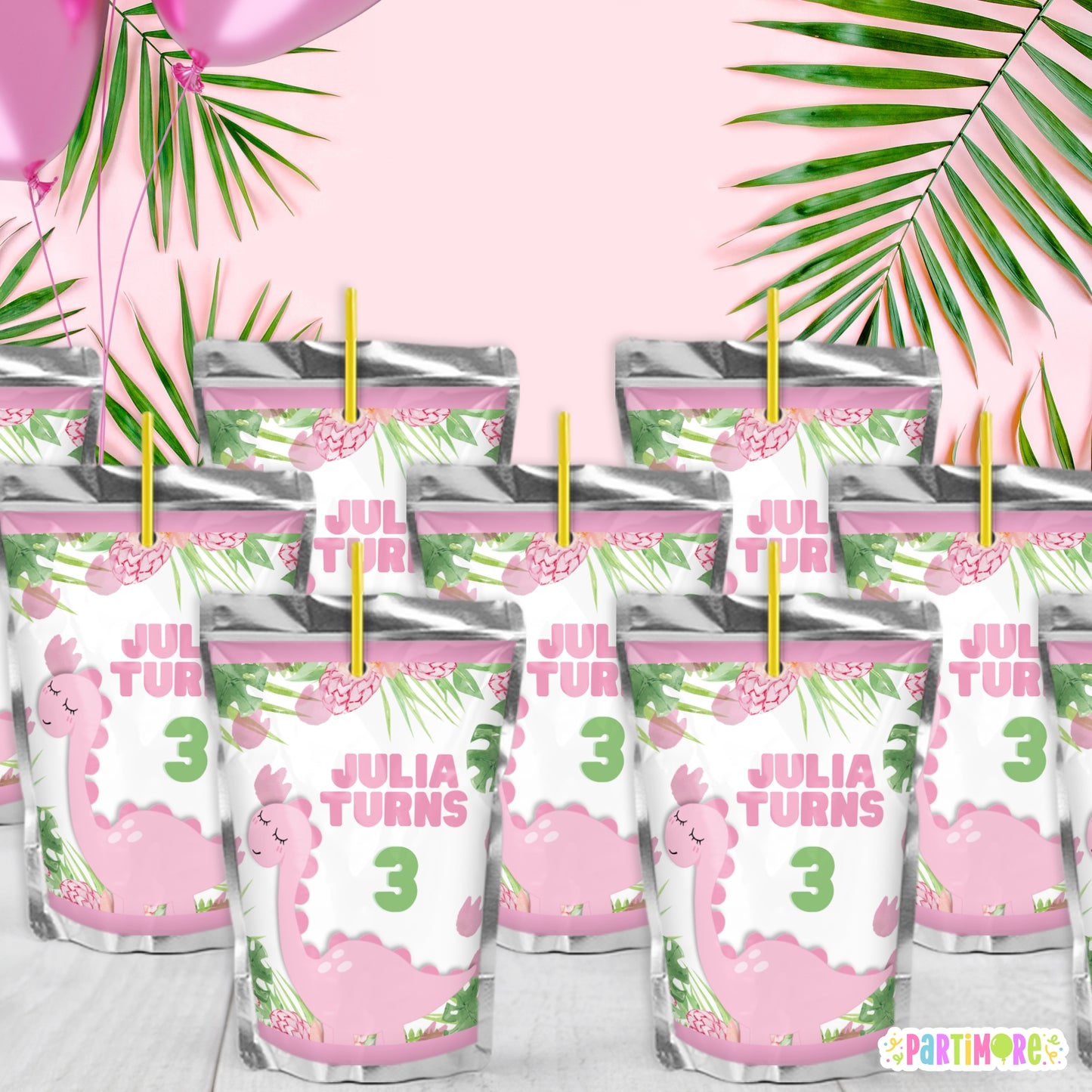 Personalized Pink Dinosaur Juice Pouch Stickers | Fun Party Drink Labels