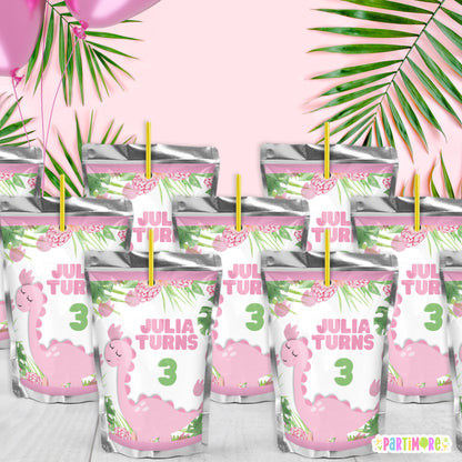 Personalized Pink Dinosaur Juice Pouch Stickers | Fun Party Drink Labels