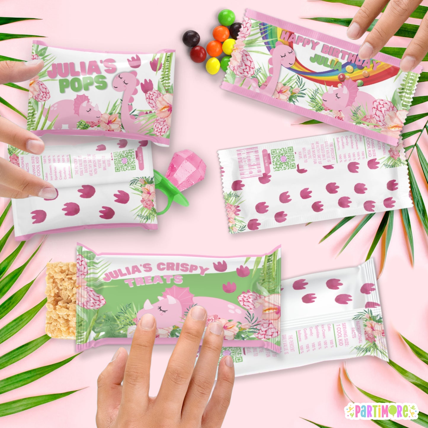 Girls' Personalized Pink Dinosaur Candy Wrappers | Fun Prehistoric Party Favors