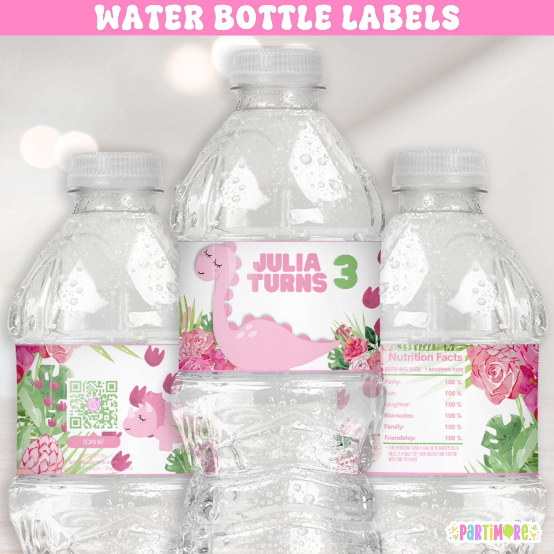 Personalized pink dino water bottle wrappers for girl's birthday celebration, tropical floral design with custom name and age