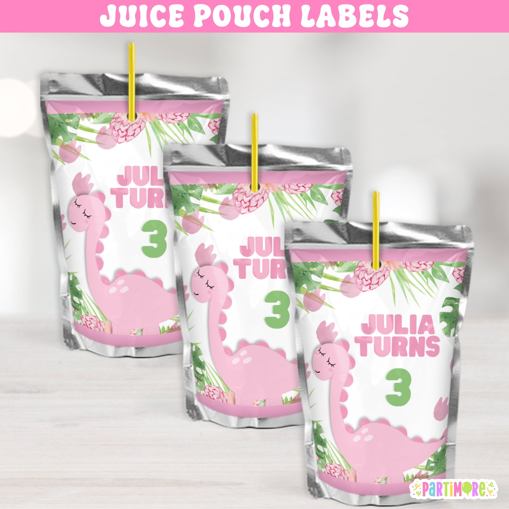 Adorable pink dinosaur juice pouch labels for girl's birthday party, floral prehistoric drink wraps, personalized with name and age