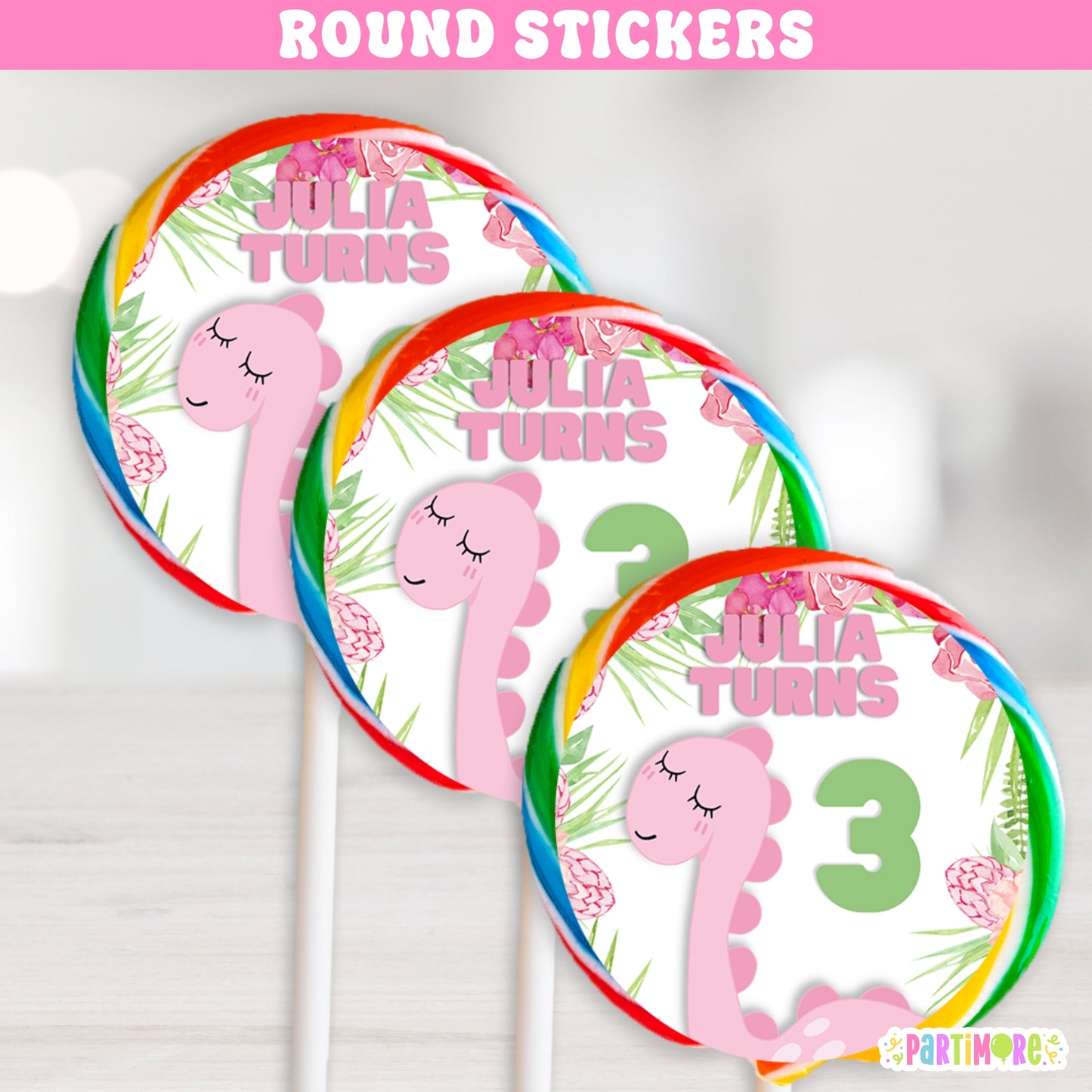 Pink dinosaur round stickers for lollipops, girl's floral dino birthday party favors, personalized name and age