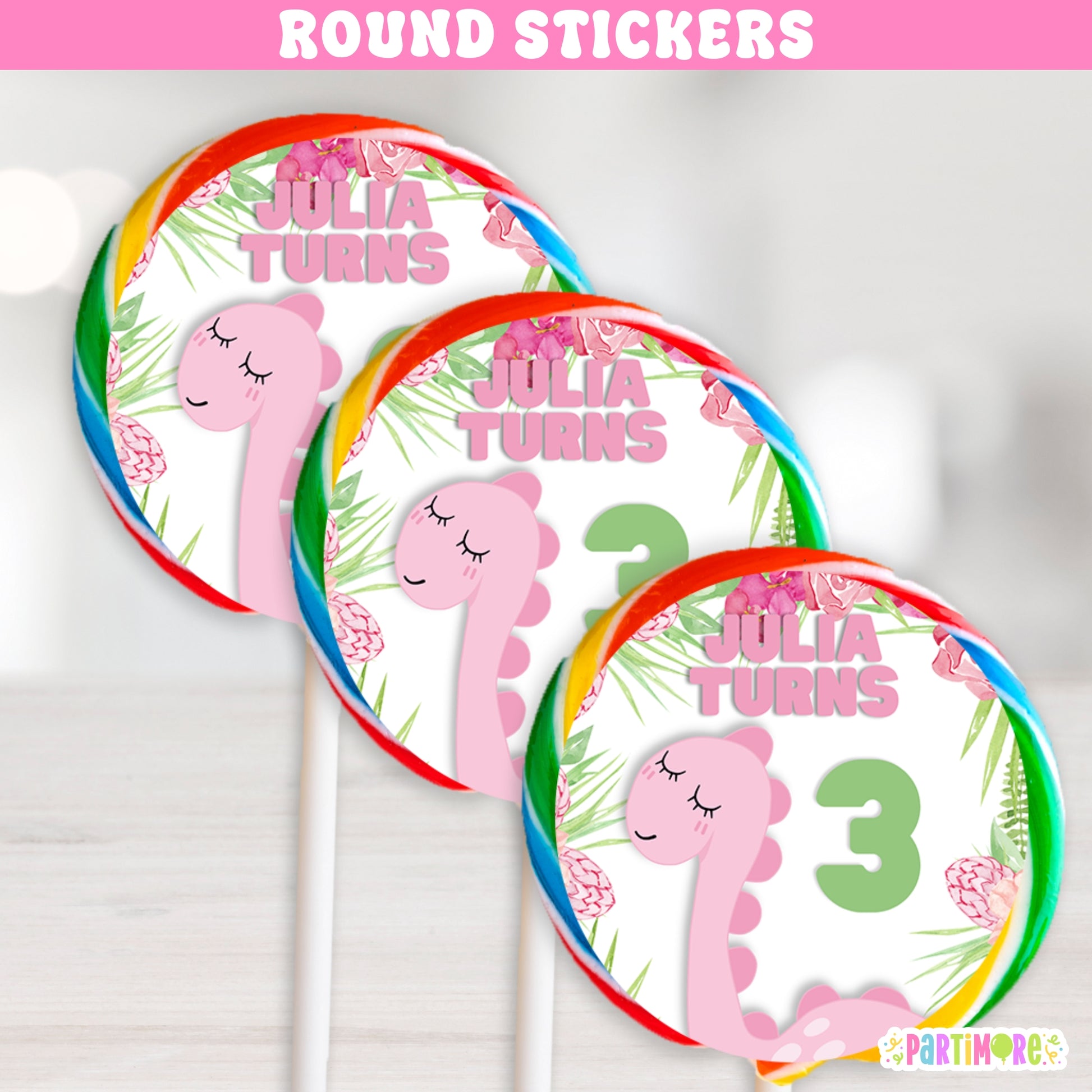 Pink dinosaur round stickers for lollipops, girl's floral dino birthday party favors, personalized name and age