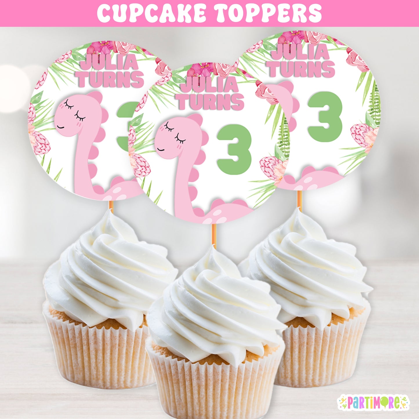 Floral pink dinosaur cupcake toppers for girl's birthday party, custom prehistoric cake decorations with name and age