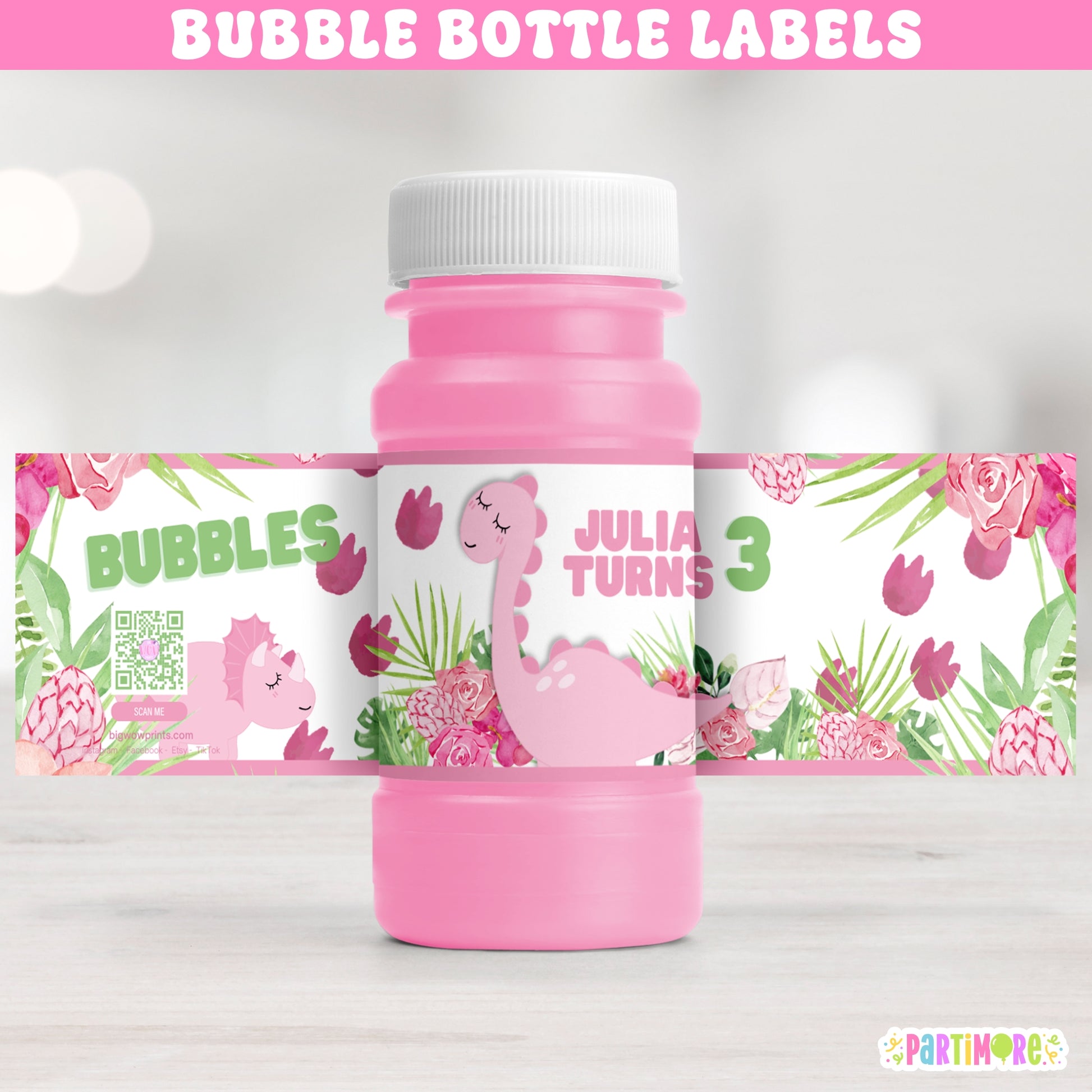 girls cute dinosaur birthday bubble bottle wrappers for girl's 1st 2nd 3rd birthday, floral party favor labels with personalized name and age