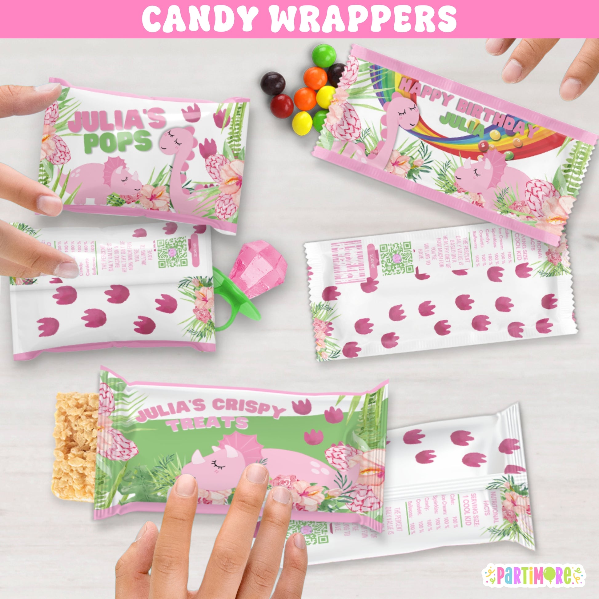 Personalized pink dinosaur candy wrappers for girl's birthday party, floral dino treat bag labels for small snacks, custom name and age