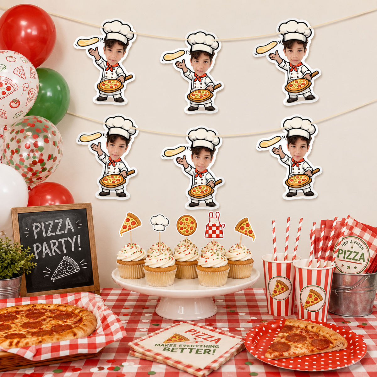 Personalized Pizza Birthday Banner – Custom Photo Little Chef Party Garland