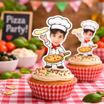 Personalized Pizza Chef Cupcake Toppers – Custom Photo Birthday Party Toppers, Set of 12