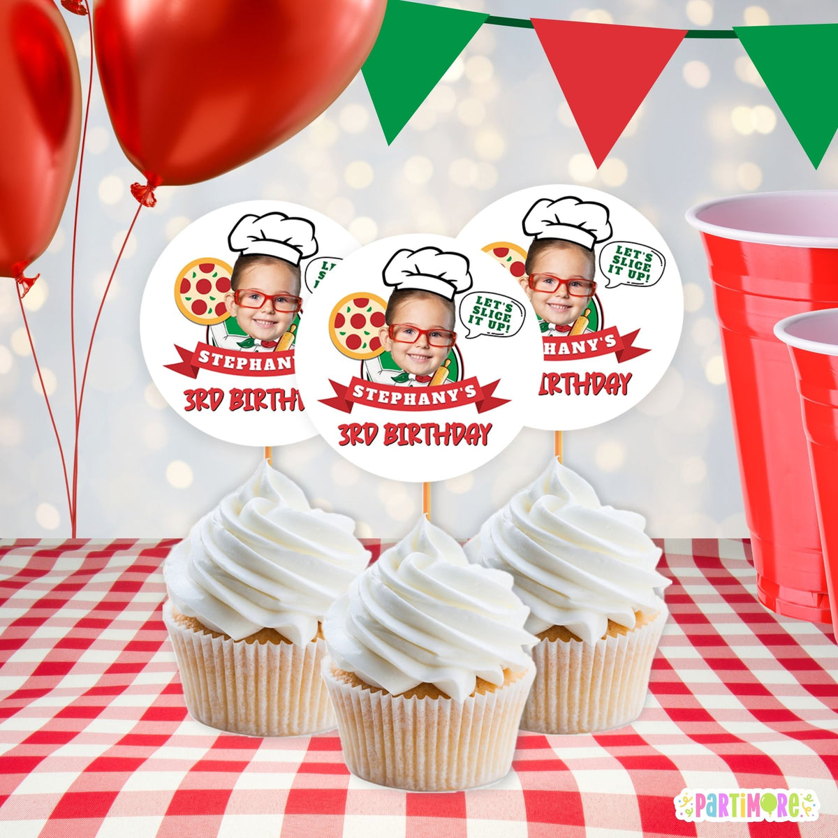 Personalized Pizza Cupcake Toppers – One Big Slice Birthday Party, Set of 12