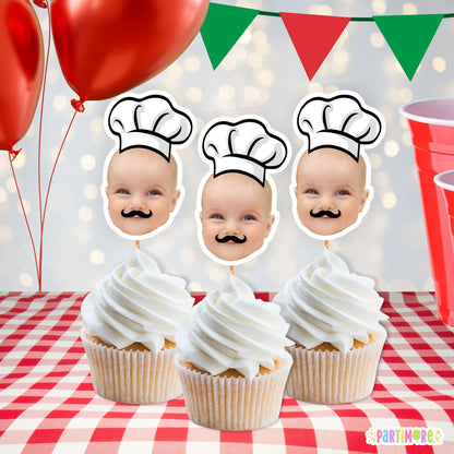 Personalized Pizza Cupcake Toppers – Custom Photo Chef Birthday Toppers, Set of 12
