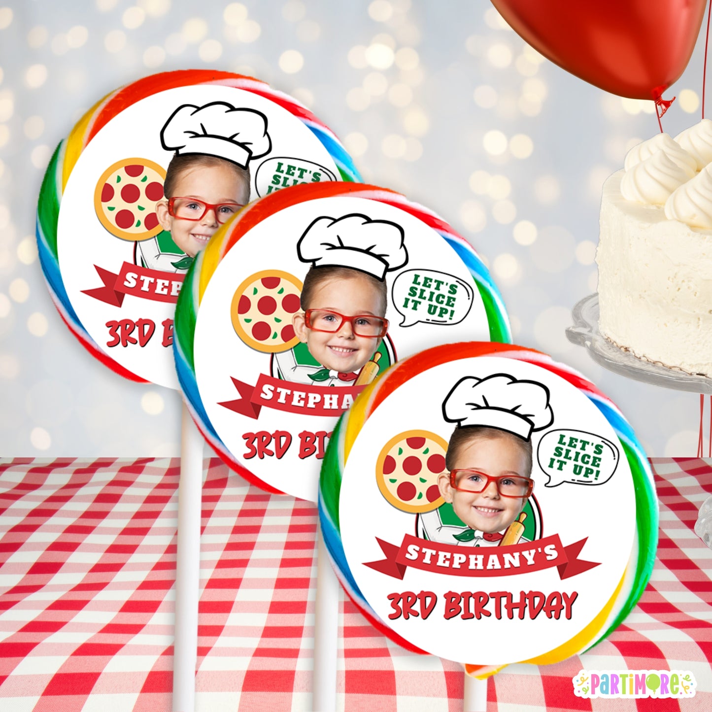 Personalized Pizza Birthday Lollipop Stickers | Custom Party Favors