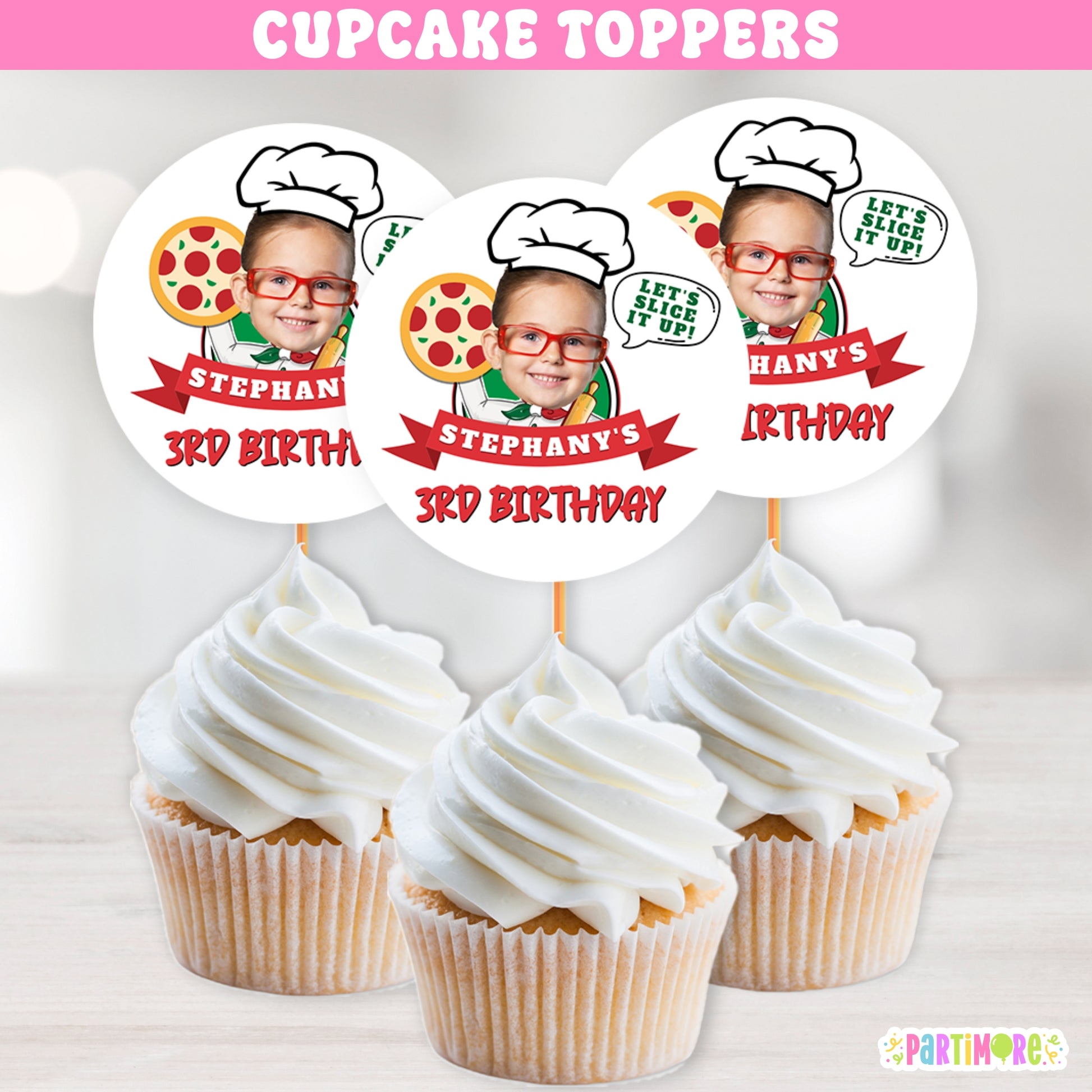 Pizza slice cupcake toppers, let's slice it up, pizza chef design, custom birthday decorations with name and age