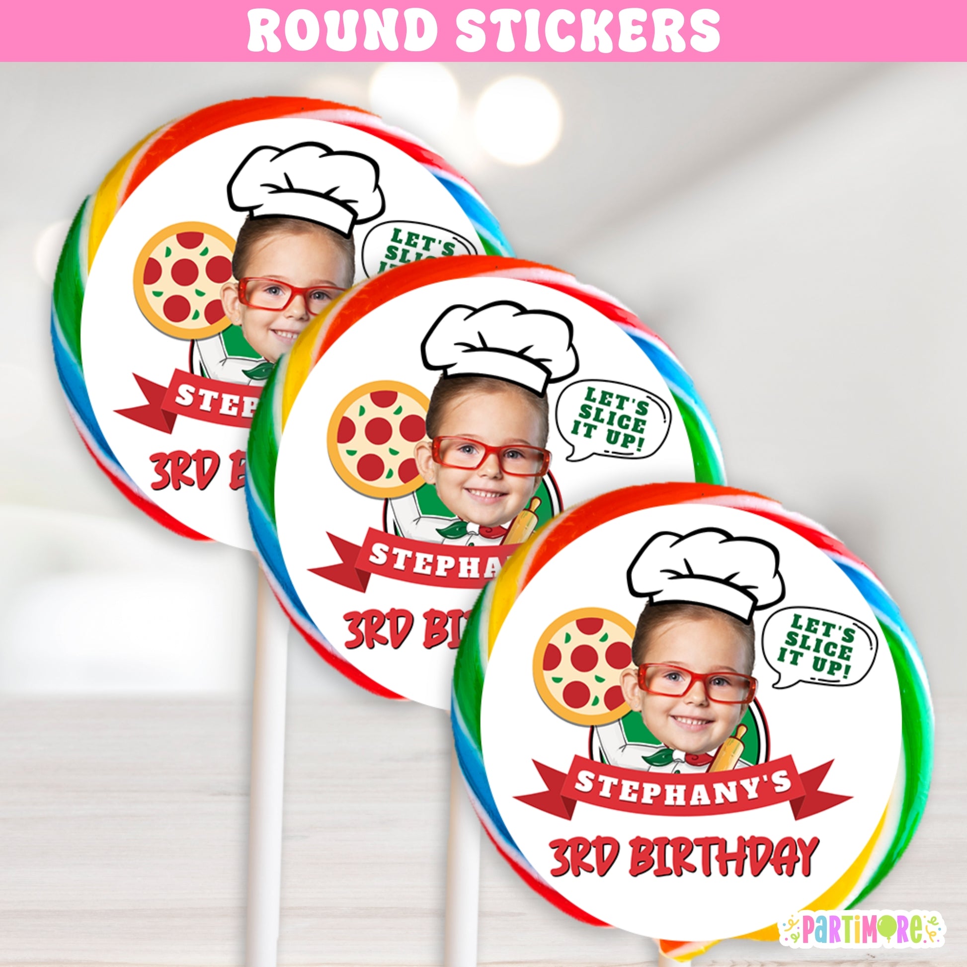 Pizza party lollipop labels, round favor stickers personalized with name and age
