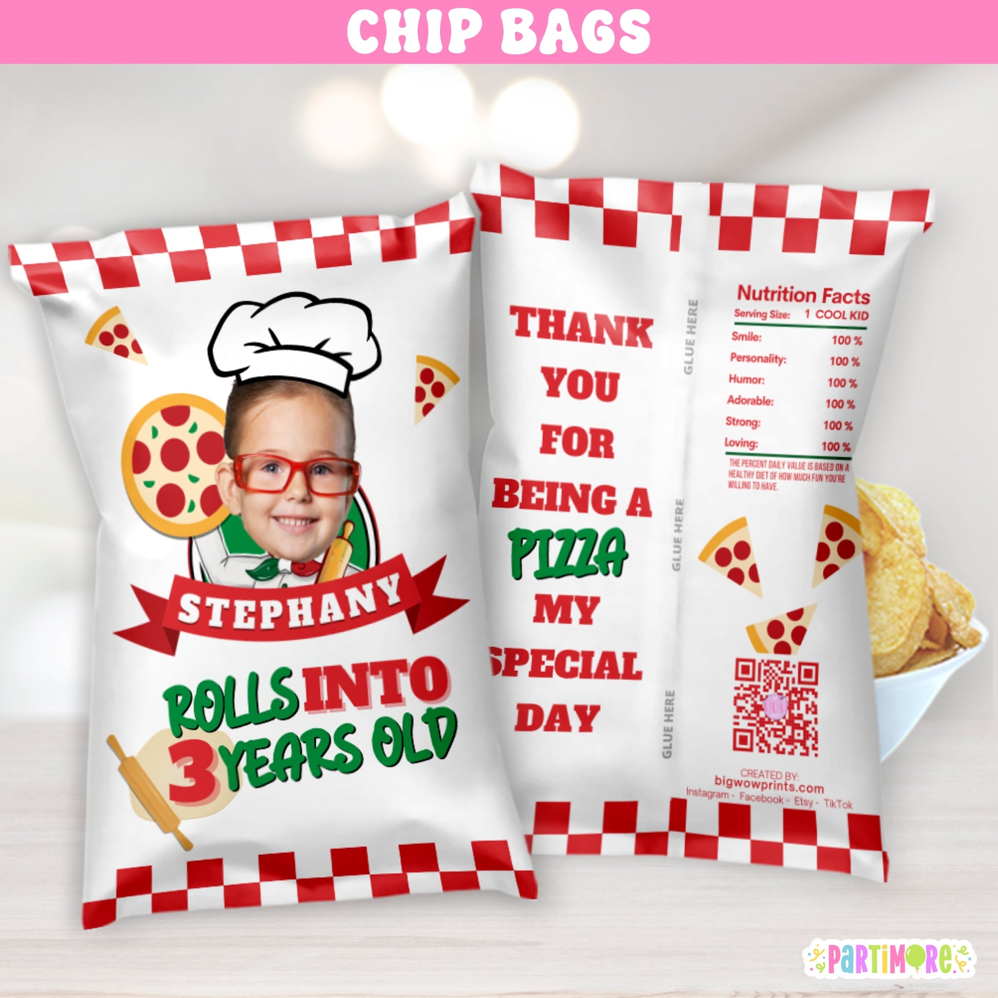 Pizza party chip bag wrappers, personalized snack bags with name and age for kids’ birthday party favors