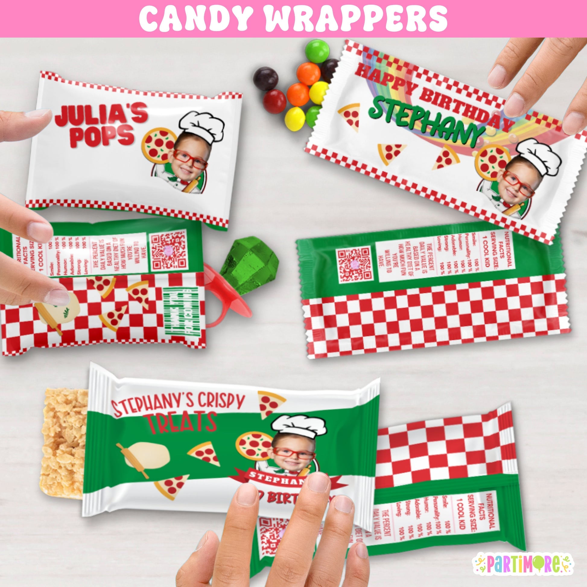 Pizza themed birthday candy bar wrappers, Italian pizza parlor style  custom birthday party favors with name and age