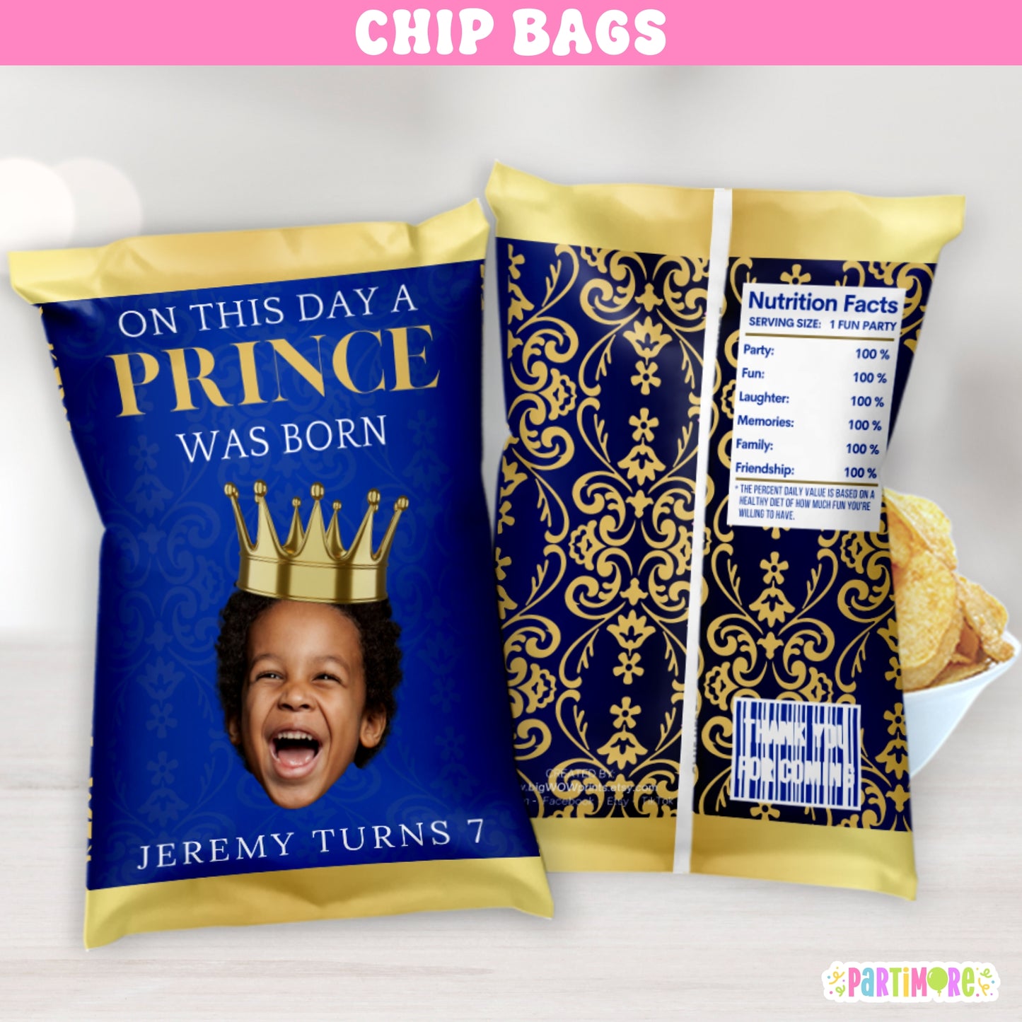 Personalized Royal Prince Snack Chip Bags | Custom Elegant Party Favor
