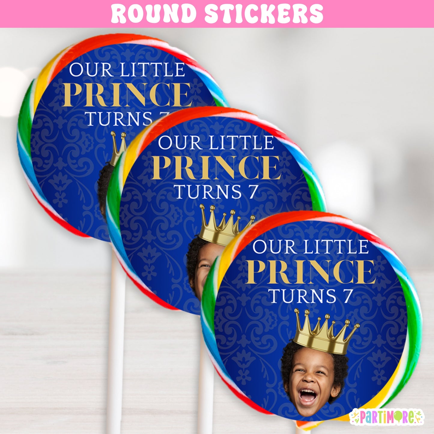 Personalized Royal Prince Lollipop Round Stickers | Custom Prince Party Favor Labels