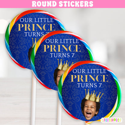 Personalized Royal Prince Lollipop Round Stickers | Custom Prince Party Favor Labels