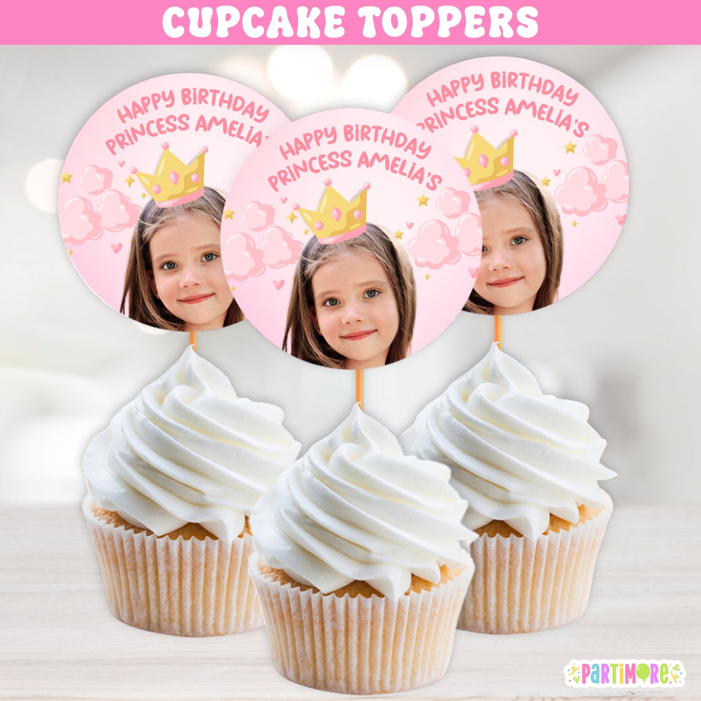 Royal princess cupcake toppers in pink and gold for fairy tale birthday party desserts, castle celebration treats, and enchanted decoration
