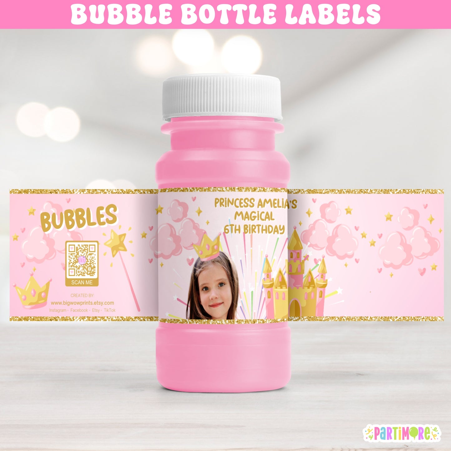 Pink and gold princess birthday bubble bottle labels for royal ball 1st birthday party favors, castle fairy tale decorations, and enchanted princess supplies