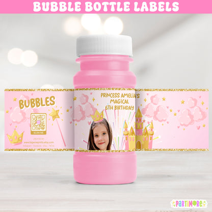 Pink and gold princess birthday bubble bottle labels for royal ball 1st birthday party favors, castle fairy tale decorations, and enchanted princess supplies