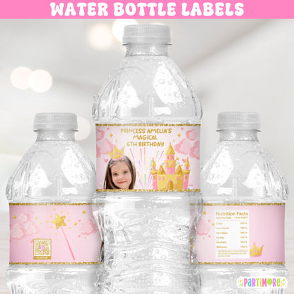 Pink and gold princess water bottle labels for royal birthday drinks, fairy tale castle celebration decor, and enchanted refreshments