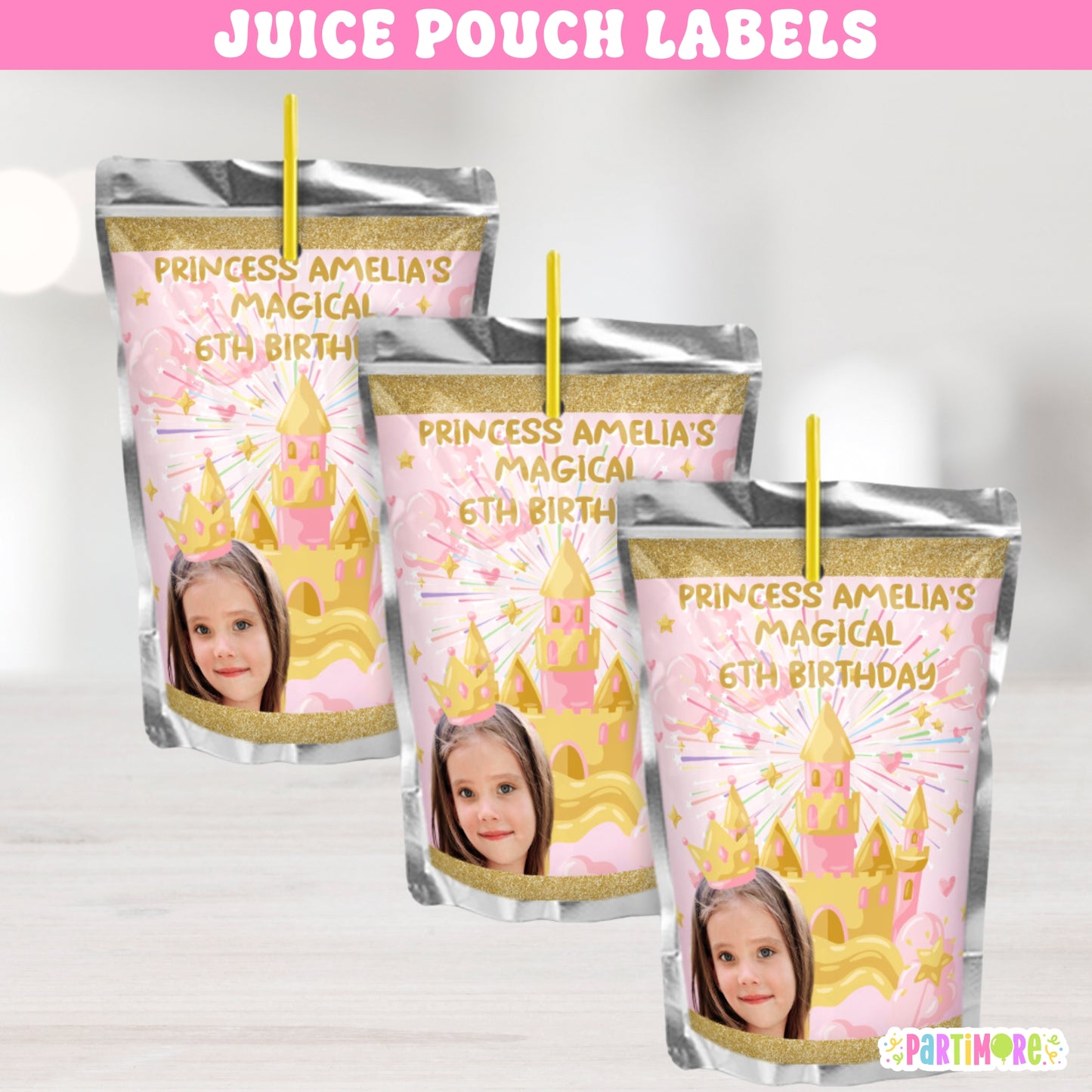 Pink and gold glitter inspired princess juice pouch labels for 5th royal birthday drinks, fairy tale celebration beverages, and enchanted castle supplies
