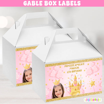 Pink and gold princess gable box labels for royal birthday party favor boxes, fairy tale goodie bag decorations, and castle-themed 6th birthday parties