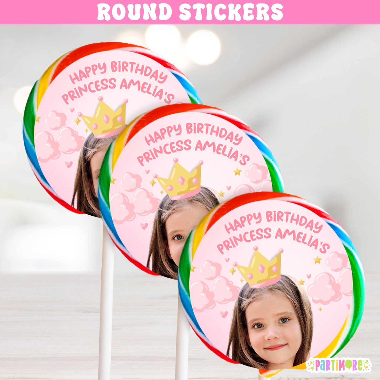 Royal princess round sticker labels in pink and gold for lollipop favors, castle birthday party decorations, and fairy tale supplies