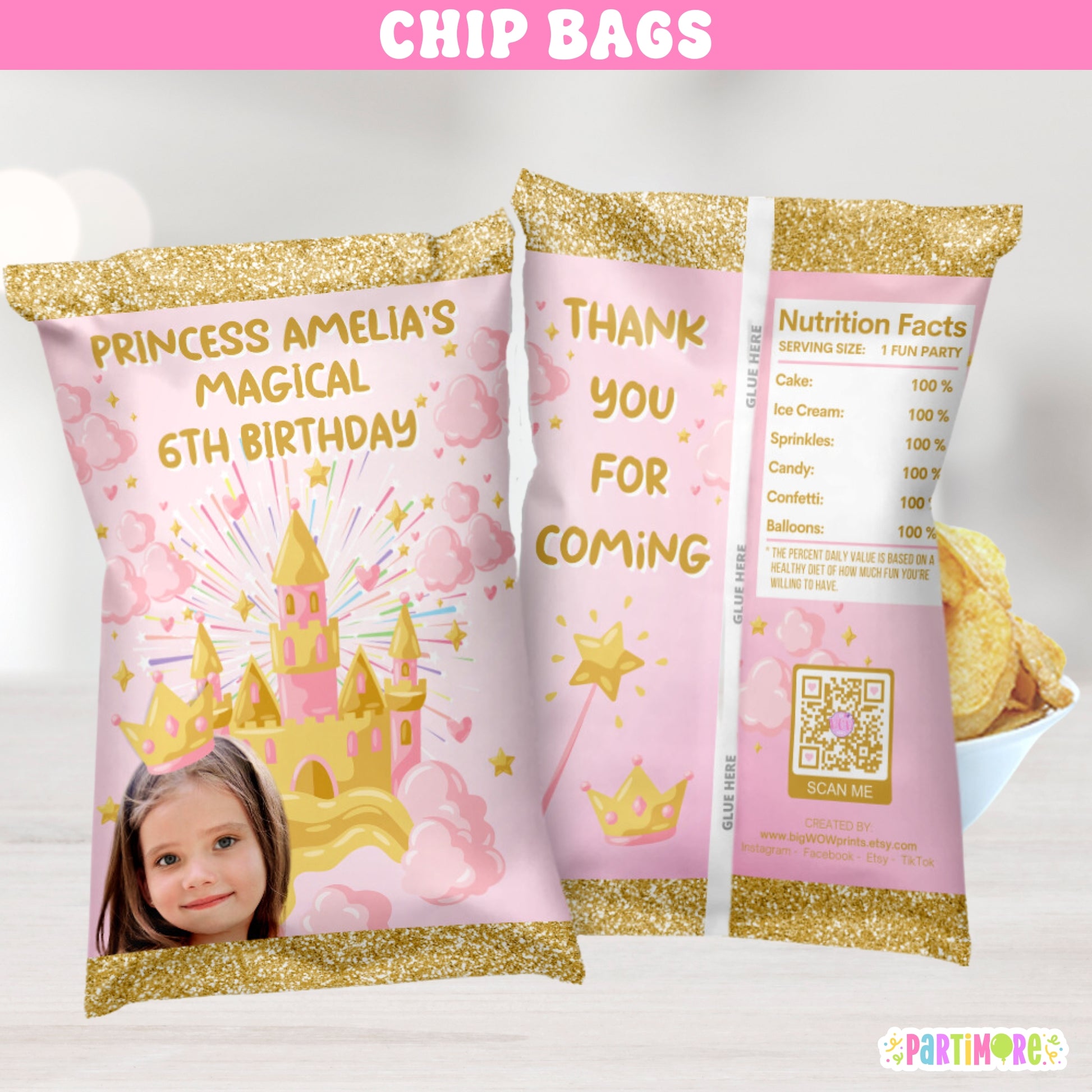 Pink and gold glitter princess party chip bag wrappers for royal birthday favors, fairy tale snack packaging, and castle-themed supplies