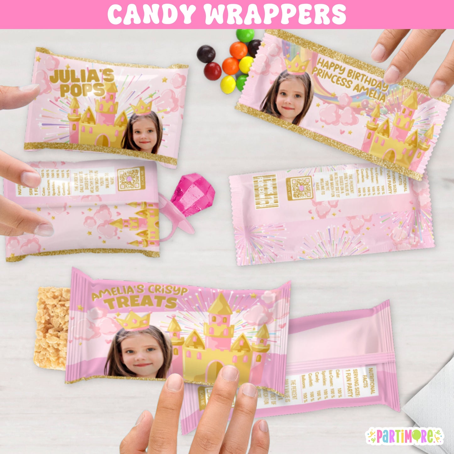 Royal princess birthday candy bar wrappers in pink and gold for fairy tale party favors, castle celebration treats, and enchanted baby shower decorations