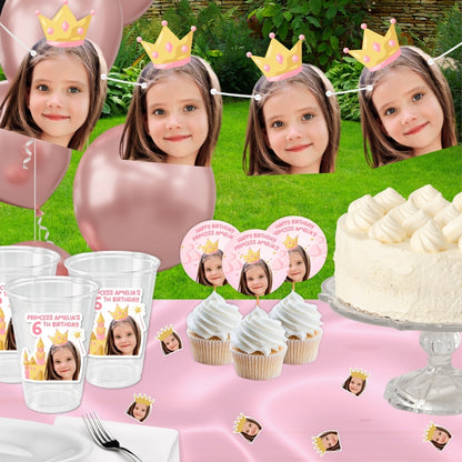 Personalized Princess Birthday Banner With Photo, Once Upon A Time Party, Pink Gold Crown, Princess party Decorations, Custom Photo Banner For Parties