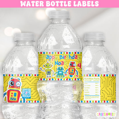 Colorful Robot Water Bottle Labels | Personalized Futuristic Party Stickers