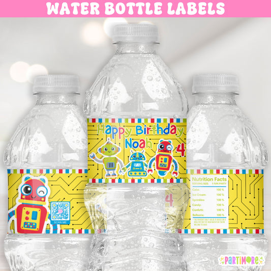 Colorful Robot Water Bottle Labels | Personalized Futuristic Party Stickers