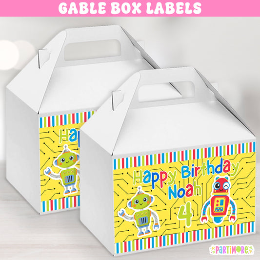 Colorful Robot Gable Box Labels | Personalized Futuristic Favor Stickers