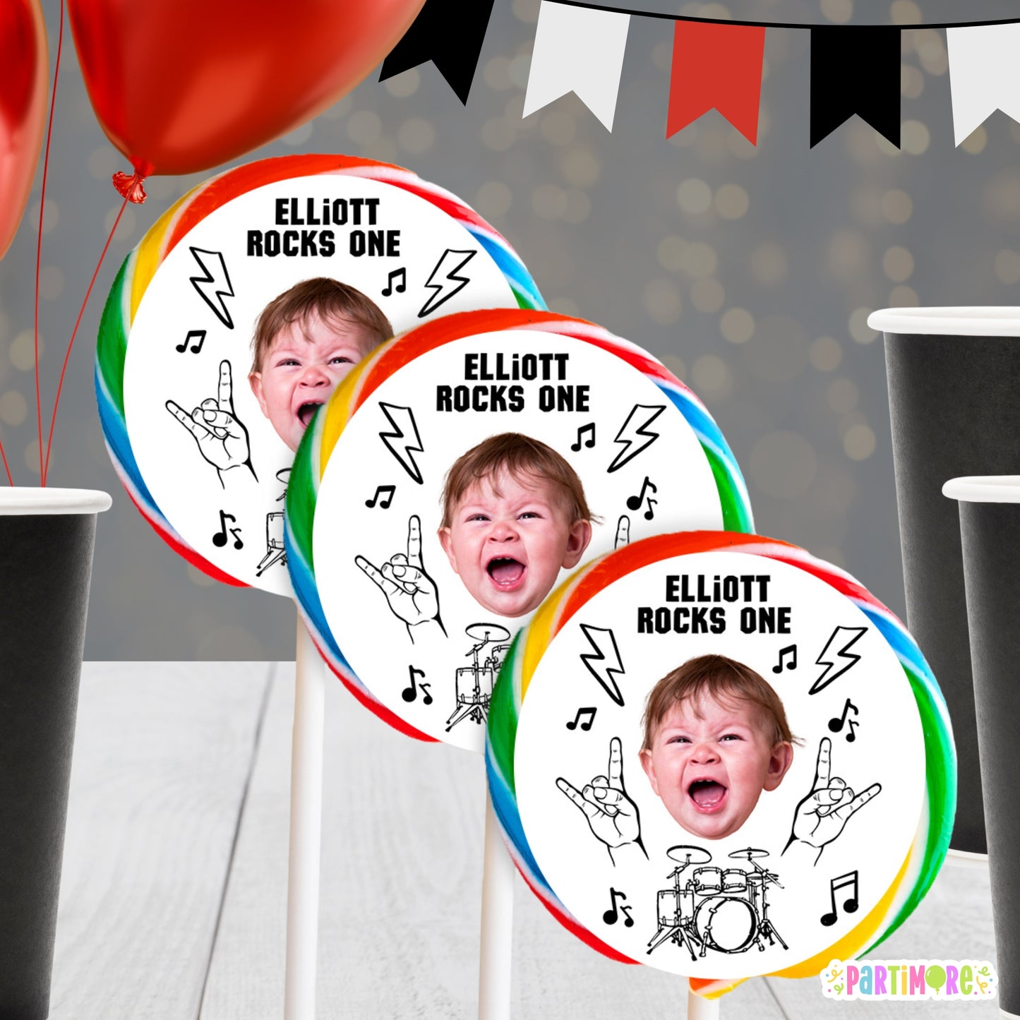 Personalized Rock and Roll Round Lollipop Label Stickers | Born to Rock 2nd Birthday Party Bag Favors | One Rocks 1st Birthday