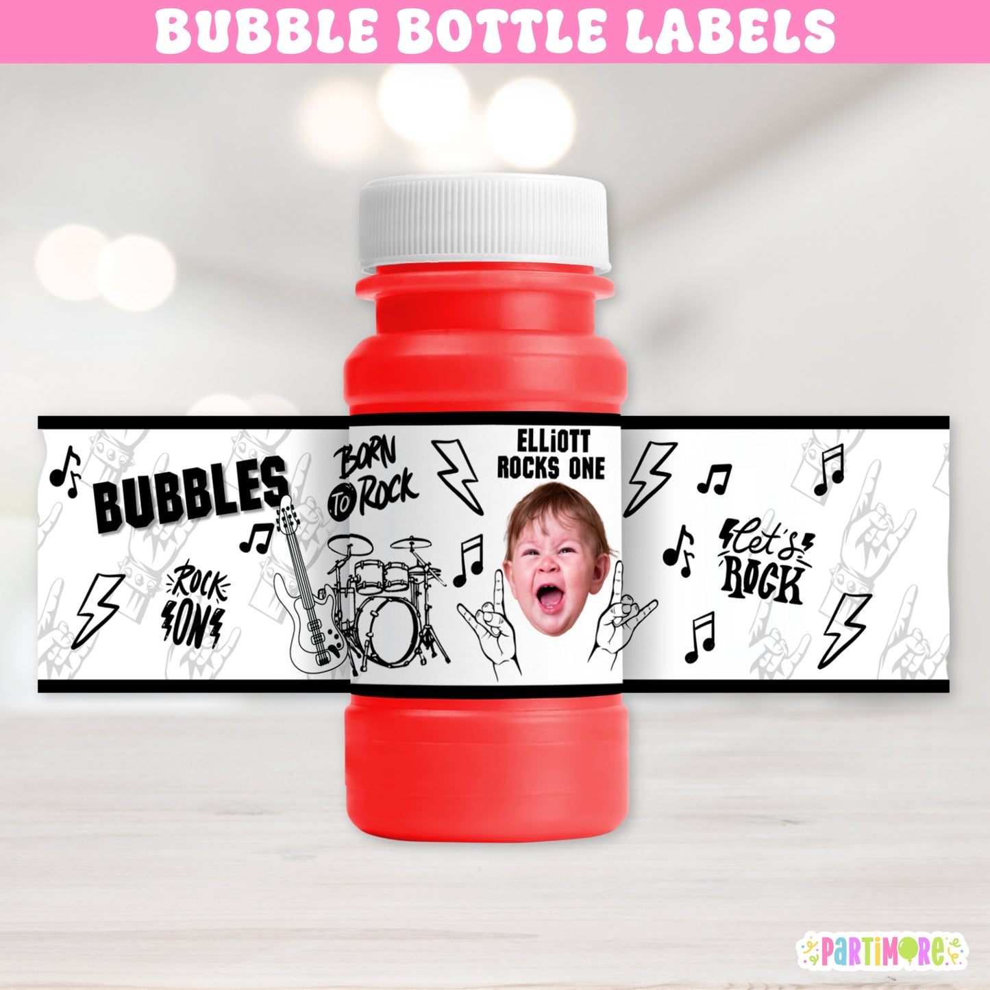 Born Two Rock 2nd birthday and One Rocks 1st birthday bubble bottle labels – rock star and world tour birthday favors with guitars, microphones, and music notes for kids teen and adult parties