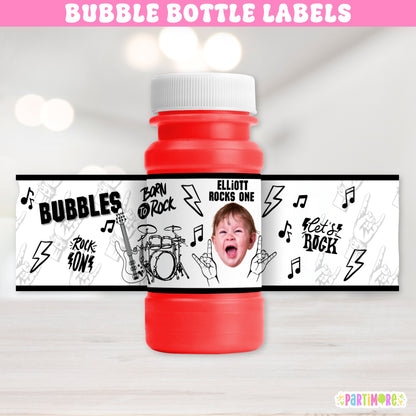 Born Two Rock 2nd birthday and One Rocks 1st birthday bubble bottle labels – rock star and world tour birthday favors with guitars, microphones, and music notes for kids teen and adult parties