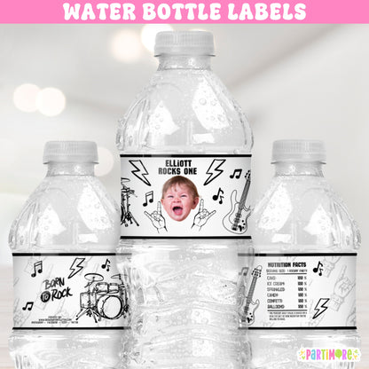 One Rocks 1st birthday water bottle labels – rock star and world tour birthday party drink wraps with guitars, and music notes for kids, teens, or adult celebrations