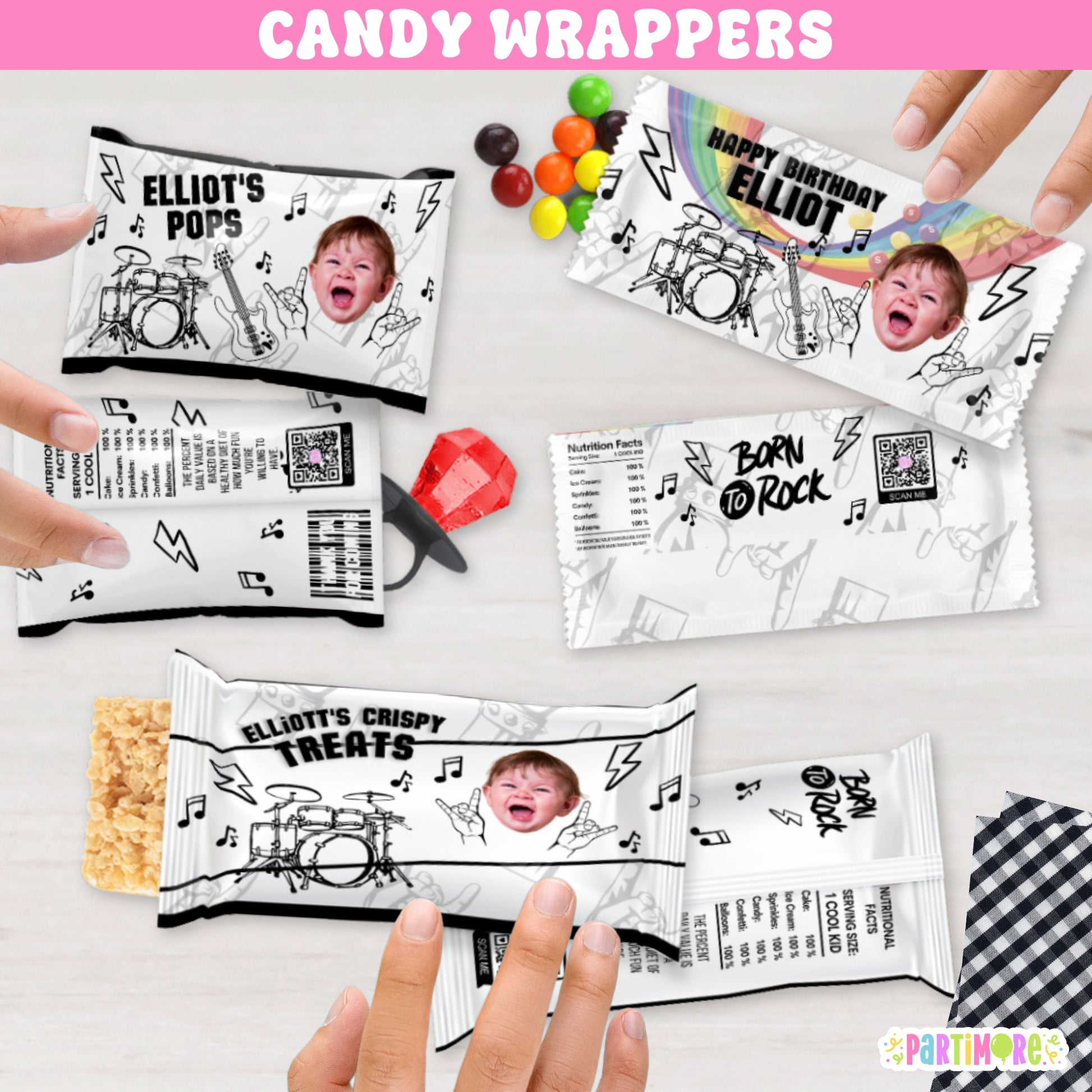 Rock and roll candy bar wrappers – Born Two Rock birthday party favors with guitars and music notes for world tour or rock star themes