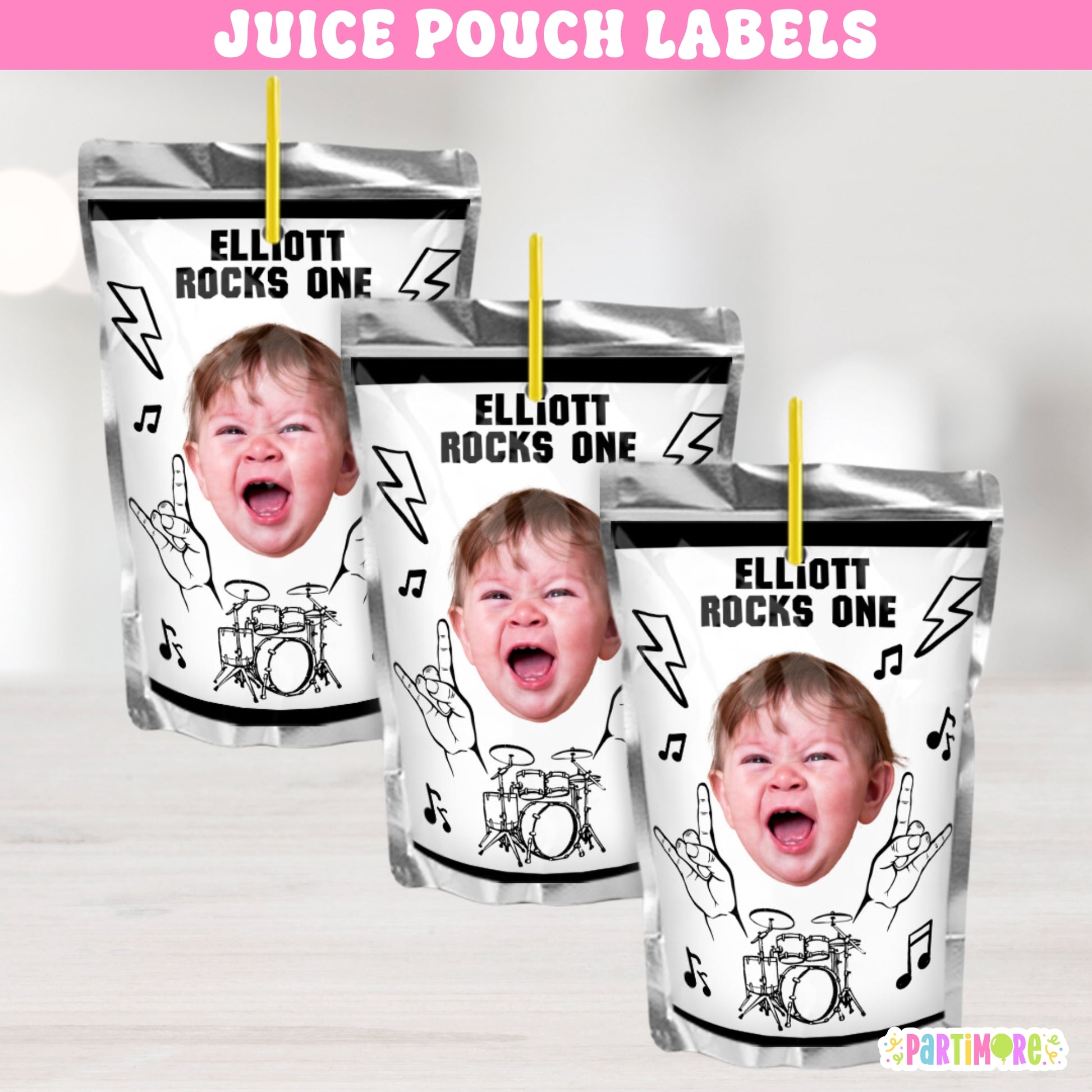 Rock star juice pouch labels – Born Two Rock and World Tour drink stickers with guitars and music notes for rock and roll birthday parties