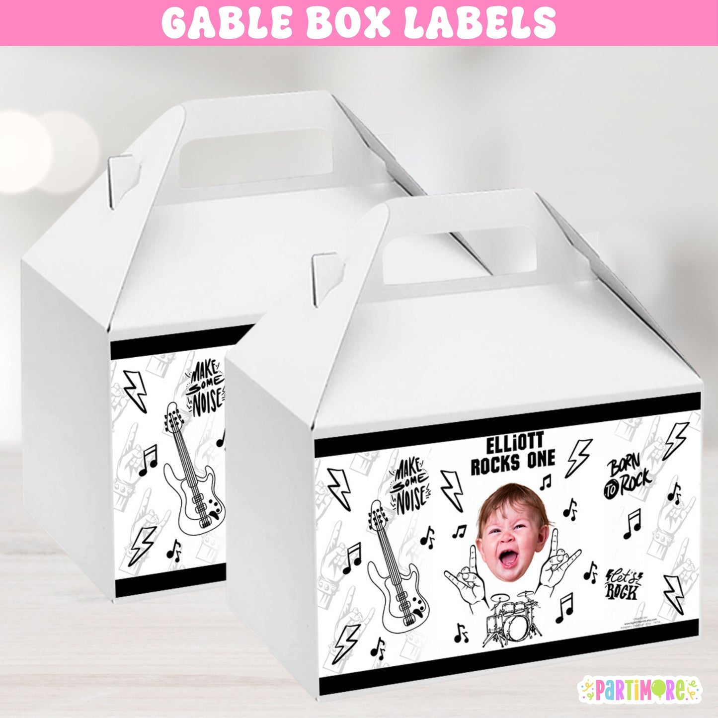 Rock star gable box labels – Born Two Rock and World Tour birthday favor box stickers with guitars and music notes for rock and roll themed parties