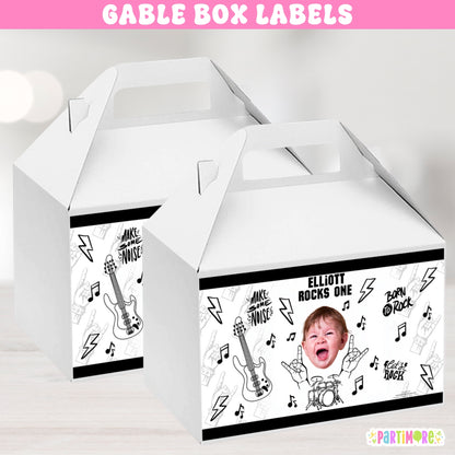 Rock star gable box labels – Born Two Rock and World Tour birthday favor box stickers with guitars and music notes for rock and roll themed parties
