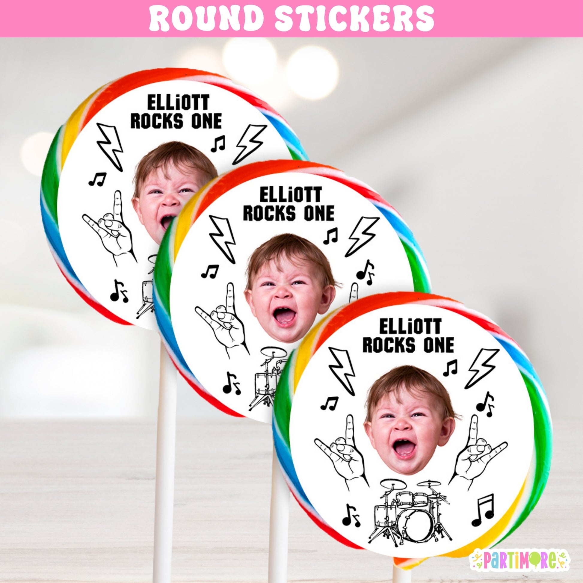 Rock star party round stickers – Born Two Rock 1st birthday party favor lollipop labels with guitars and music notes, perfect for candy pops or world tour music concert birthday themes.